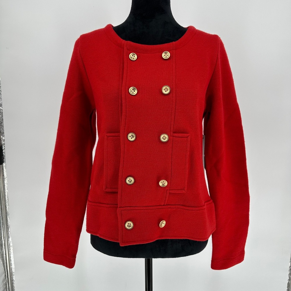 NWT 525 America 100% Merino Wool Red Blazer Gold Button Up Jacket Women L Fitted